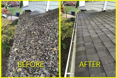 Before and after photo of guttering showing an effective leaf removal service