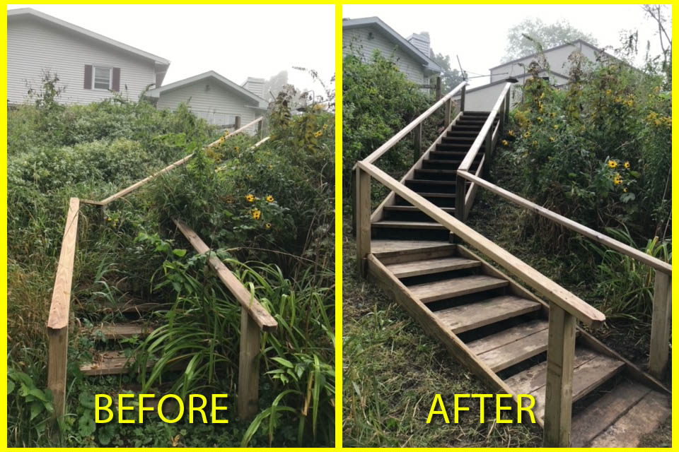 Photo of before and after tidy up of wooden steps showing a very neat and effective job